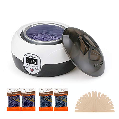 Wax Warmer,Findabetter Waxing Kit with Digital Display and 4 Packets(4 x3.5oz) of Hard Wax Beans for Women and Men at home waxing, 20 Wax Applicator Sticks.