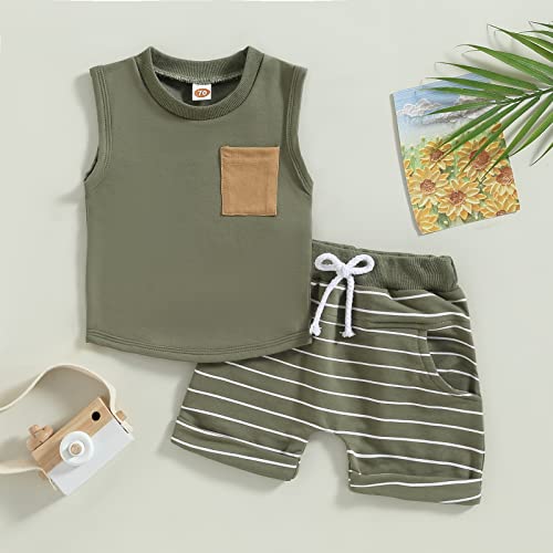 Engofs 2Pcs Baby Boy Girl Summer Clothes Sleeveless Striped Tank Top T-Shirts + Shorts Outfit Army Green 12-18 Months #TOP5