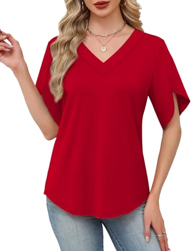 Image of WIHOLL Womens Summer Tops Short Petal Sleeve Shirts Fashion V Neck Womens Clothing