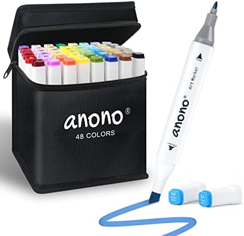 anono 48 Colors Alcohol Marker Dual Tip Marker Permanent Marker Set Artist Markers with Carry Bag for Kids Adults Coloring Drawing, White Penholder