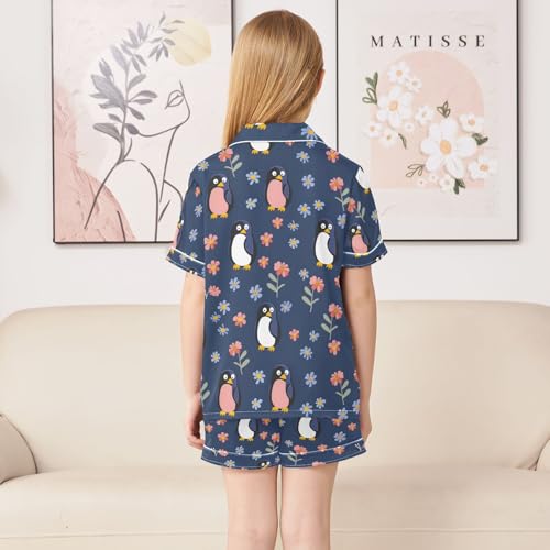ALAZA Penguin Blossom Floral Pajamas Satin Pajama Set Short Sleeve Button Down Sleepwear4
