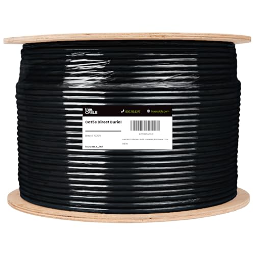 Image of TRUE CABLE Cat5e Direct Burial Bulk Ethernet Cable, Unshielded U /UTP, 1000ft, Black, Waterproof, Outdoor OSP Jacket, 24AWG Solid Bare Copper, 350MHz, PoE++ 100W