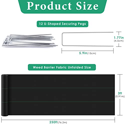 3 * 250FT Weed Barrier Landscape Fabric Heavy Duty, Woven Ground Cover Weed Barrier, Weed Control Fabric Weed Block Gardening Mat for Garden, Flower Beds, Pathways, Driveway by PACETAP - Image 2