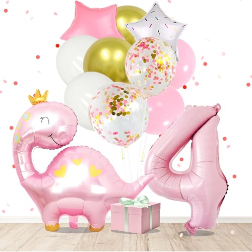Pink Dinosaur 4th Birthday Party Decorations for Girls, 12 Pcs Dinosaur Birthday Balloons, Dino Balloon and 40 Inch Number 4 for Dino Party Supplies (Pink Four)
