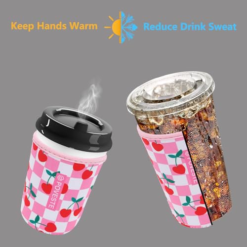 Reusable Neoprene Insulator Sleeve for Iced Coffee & Cold Soda, Coffee Sleeves for Iced & Hot Drinks, Cold Beverage Cooler Compatible with Starbucks, Dunkin (Pink Checkerboard&Cherry, Small: 16-18oz)
