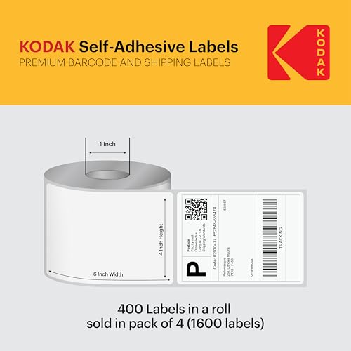 Image of Kodak 4x6 Inch Self-Adhesive Thermal Shipping Labels - Pack of 4 Rolls (400 Label per Roll) - Barcode Stickers for Label Printer - Smudge-Free & Fade-Resistant