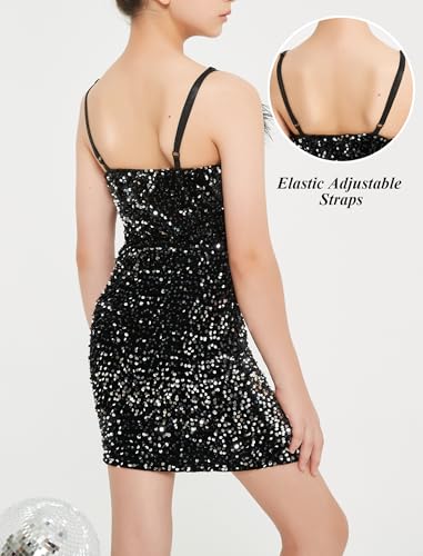EXARUS Girls Sequin Bodycon Dress Ruched Teen Sparkle Spaghetti Strap Mini Special Occasion Velvet Homecoming Fancy Cute4