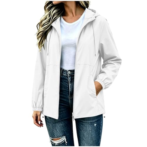 YBEBEWE Rain Jacket Women Lightweight Waterproof Long Sleeves Jackets Windbreaker Full Zip Packable Coats with Hood Pockets Casual Breathable Raincoat
