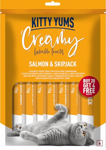 Image of Kitty YUMS Kitten & Adult Creamy Lickable Cat Treats 360g (15g x 24 Pieces) | Salmon & Skipjack Flavour | Rich in Protein | Taurine for Heart | Ideal for Training and Bonding | Promotes Hydration