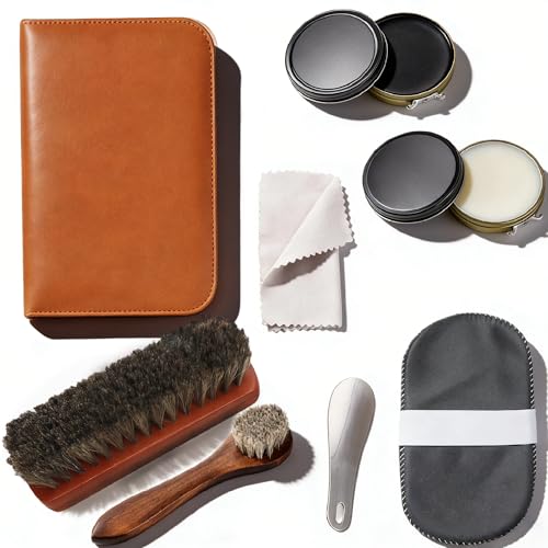 Tentinstar Home and Travel Shoe Polish Set Including Shoe Polish, Bristle Brush, Sponge Brush, Polishing Cloth and Shoehorn（Brown Square Bag，Tin Box）
