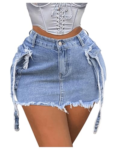MakeMeChic Women's Raw Hem Flap Pocket Y2K Denim Mini Skirt Summer Short Cargo Skirts