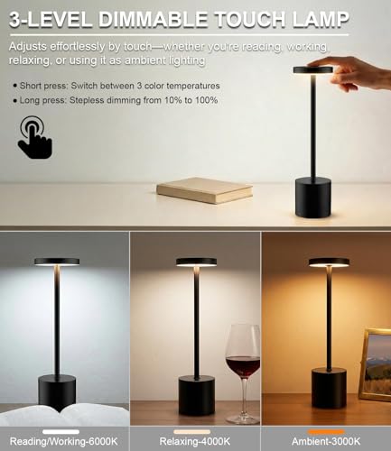 Image of KIMEE Rechargeable Cordless Metal Table Lamp, Touch Control LED Desk Lamp, Portable Night Light for Bedroom, Living Room, Restaurant, Cafe, Patio & Outdoor Use