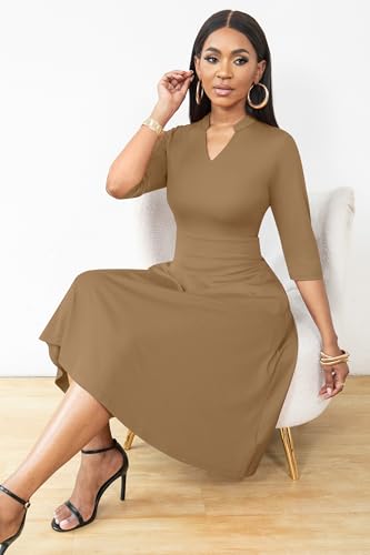Image of Nmoder Casual Dresses for Women Semi Formal Fit and Flare 3 /4 Sleeve A-line Church Work Dress with Pockets