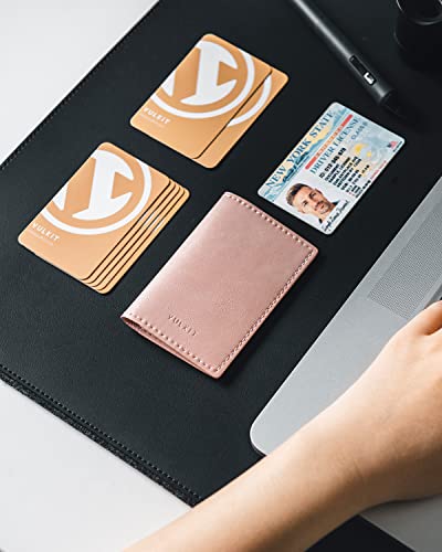 Image of VULKIT Leather Business Card Holder 2 Sided Slim Business Name Card Organizer for Men or Women, Up to hold 20 cards (Vintage Rose)