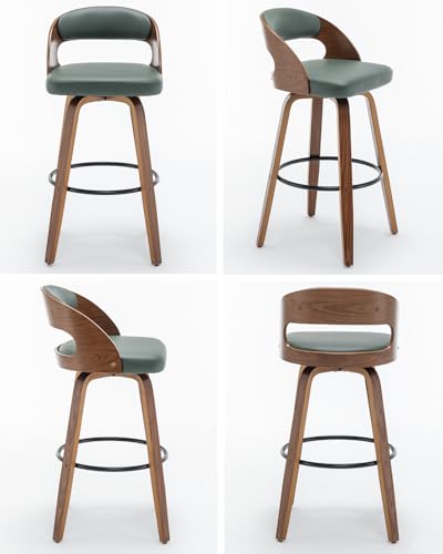 Image of AQG Swivel Bar stools Set of 4 Bar Chairs 26 inch Counter Height Mid-Century Modern Bentwood Barstool PU Leather Upholstered Bar Chair with Back and Footrest, for Bar, Cafe, Dining, Kitchen Island, Green