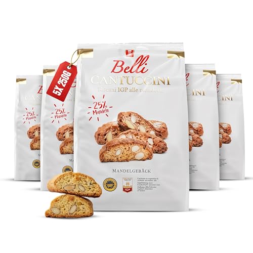 Belli Cantuccini 5er Pack alle mandorle (5x 250g) | Mandelgebäck aus Italien | Keks mit Mandeln | insgesamt 1250g Gebäckstücke