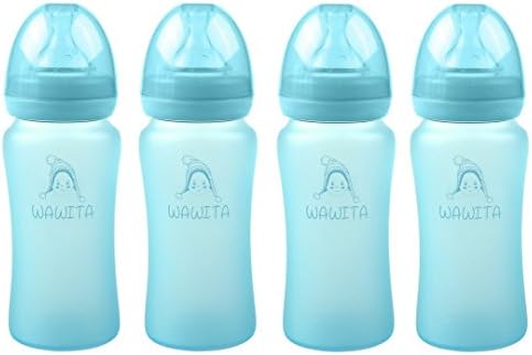 Wawita Glass Baby Bottle with Unique Silicone Protection, Anti-Colic Soft Silicone Nipple, Lightweight Breastfeeding Bottle, Medium Flow, 4 Count (Blue, 8 Ounces)