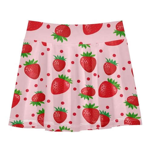 CHIFIGNO Cute Red Strawberries Pink Little Girls Tennis Skort Athletic Workout Skirts Pleated Dance Skirt with Shorts 3-4T