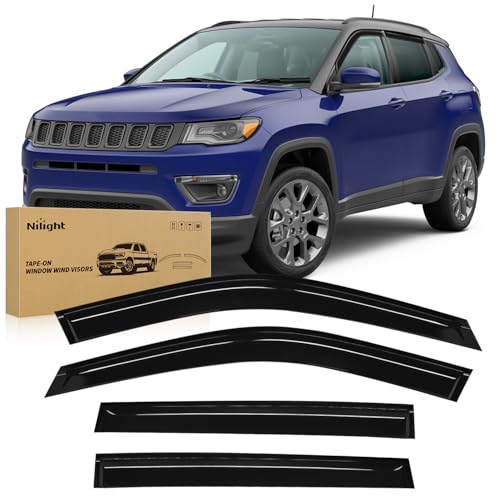 Image of Nilight Tape-On Window Visors for Jeep Compass 2017-2024, 4PCS | Fits 2017 2018 2019 2020 2021 2022 2023 2024 Jeep Compass, Smoke Out-Channel Rain Guards for Everyday Driving
