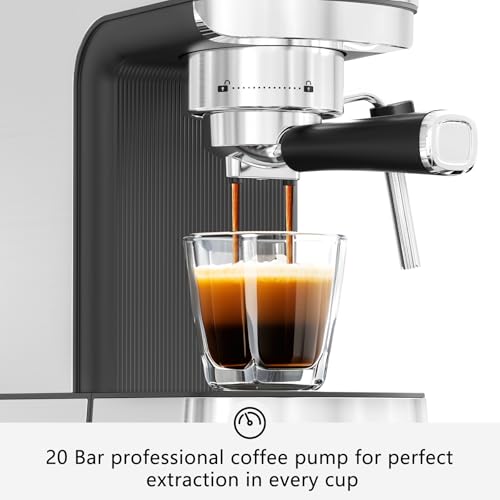 DRAGONBALL Espresso Machine 20 Bar, Coffee Machine with Milk Frother, Stainless Steel Espresso Machine for Home & Office, 1.2L Water Tank, Silver