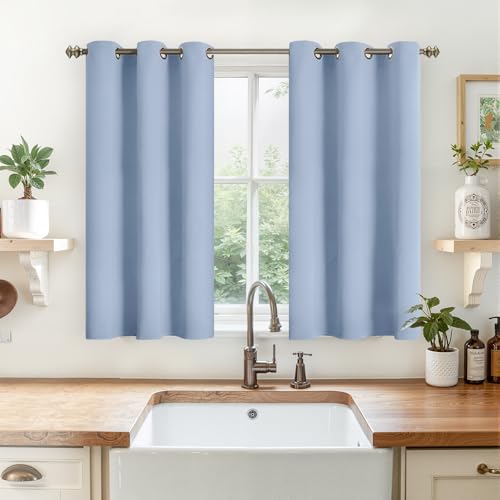 Image of YoungsTex Light Blue Blackout Kitchen Curtains 40 Inches Long - Short Length Thermal Insulated Drapes with Grommet Room Darkening Privacy for Bathroom Bedroom Windows, 2 Panels, 42 x 40 Inch