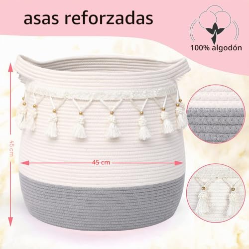 Cesta de almacenamiento tejida de cuerda de algodón grande gris claro 3