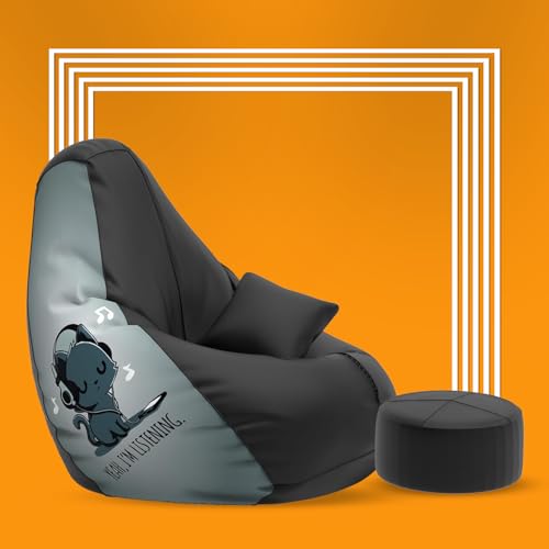 Image of Biggie Bean Bag with Beans Filled 4XL Bean Bag with Free Cushion Footrest - Official : BeanChic Combo (Matching Color : Printed, Yah I am Listening - Black Grey)