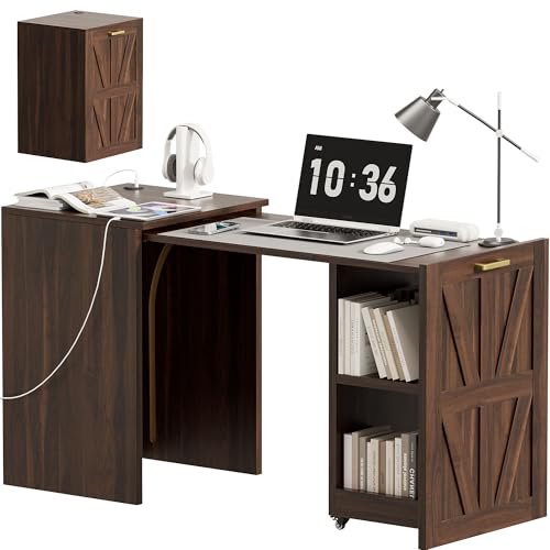 Arviano Home Pull-Out Desk Cabinet with Spacious Desktop & Hidden Storage, Folding Computer Table with Charging Station for Small Space, Home Office (Walnut)