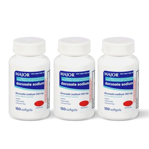 MAJOR Docusate Sodium 100mg Softgels Stool Softener Laxative for Occasional Constipation Relief - Gentle Dependable Stimulant-Free 100 Count (3-Pack)