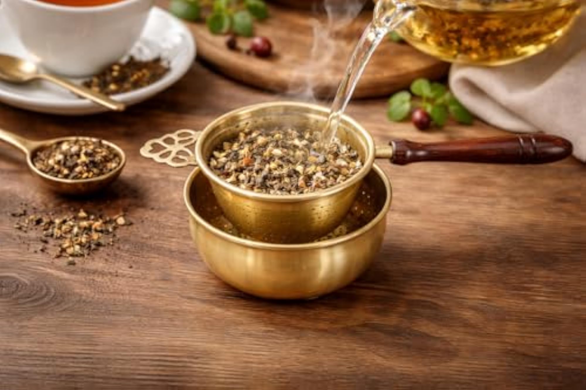 Brass Tea Strainer with Wooden Handle, Traditional Finish