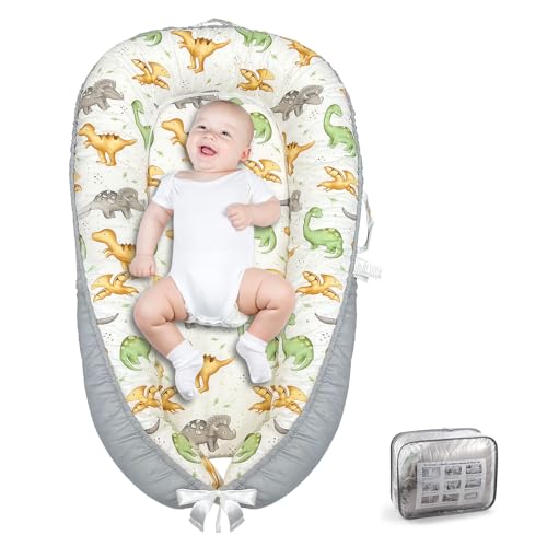 Image of SUPRBIRD Baby Lounger for Newborn 0-24 Months, Breathable and Soft Cotton Infant Lounger, Adjustable Infant Nest, Portable Cosleeping Baby Bed Sleeper for Home and Travel, Gray Dinosaur