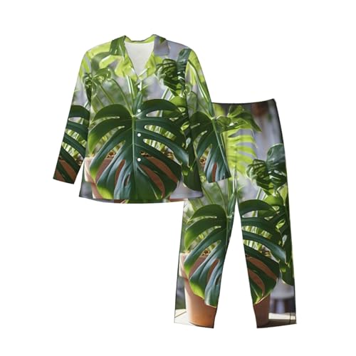 Pyjama long homme Monstera Deliciosa haut de gamme en tissu fluide à poches