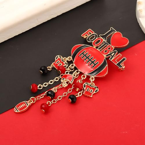 Image of Football Brooch Pin for Women - Enamel Game Day Helmet Charm With Beads Tassel - I Love Football Jewelry for Sports Team Spirit, Tailgate Party Favors (Red)