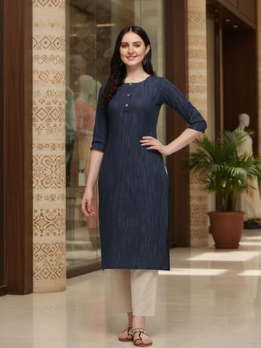 Image of Saanjh Women's Fit Straight Cotton Blend Long Kurta, 3 /4 Sleeve, Knee Length Kurtis, Casual and Office Wear