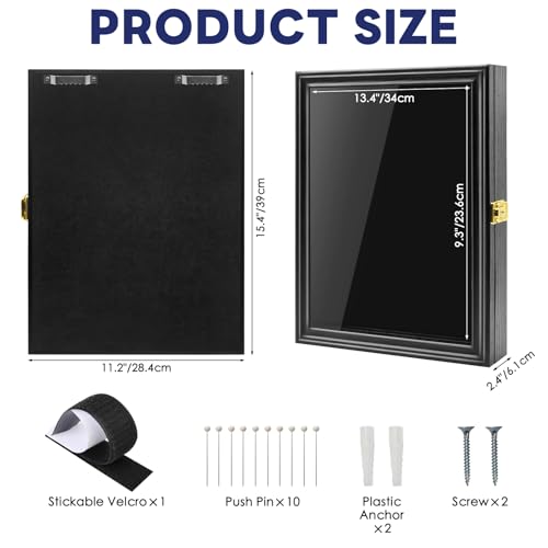 Image of PiaoHao 15.4 inchX 11.2 inch Pin Display Case Medal Shadow Box with 98% UV Protection for Military Medals, Beach Tags, Jewelry Pins, Pin Gift, Insignia Ribbons, Pin Enthusiast Collectibles Black Finish