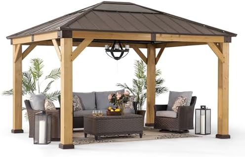 Sunjoy Hardtop Gazebo 11 x 13 ft. Upgrade Cedar Framed Wood Gazebos with Brown Steel and Polycarbonate Hip Roof Hardtop for Garden, Backyard Shade, Brown Roof + Natural Wood Frame