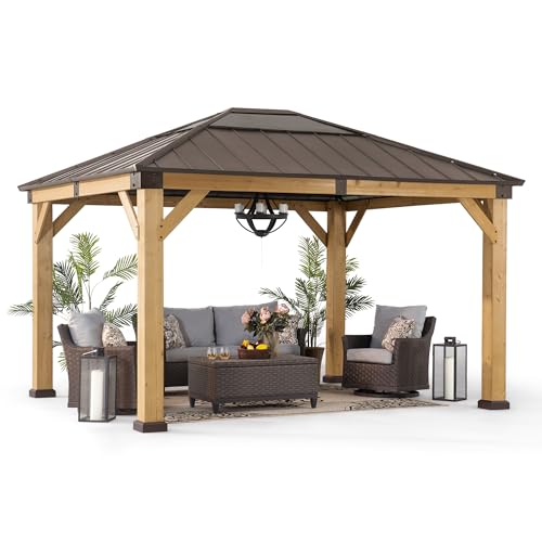 Sunjoy Hardtop Gazebo 11 x 13 ft. Upgrade Cedar Framed Wood Gazebos with Brown Steel and Polycarbonate Hip Roof Hardtop for Garden, Backyard Shade, Brown Roof + Natural Wood Frame