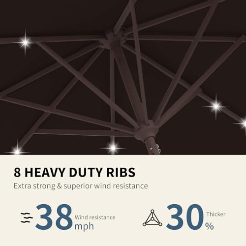 Image of 9FT Patio Umbrella with Solar Lights,Outdoor Market Umbrella with Tilt and Crank, LED Lighted Table Umbrella for Garden,Deck,Backyard,Pool,Beach (Brown)