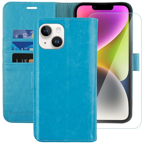 Image of MONASAY Vegan Leather Fit for iPhone-14 /13 5G Wallet Case, 6.1-inch, [Glass Screen Protector Included] [RFID Blocking] Flip Folio Phone Cover with Credit Card Holder,Light Blue