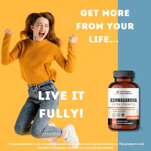 Ashwagandha Organic Extra Strength Supplement with Black Pepper for Stress & Mood Support, Helps Increase Energy 300mg Extract (Equivalent 3000mg Herb), 100 Capsules