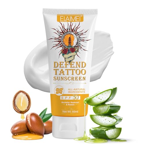VRAIKO ELAMEI Tattoo Sunscreen SPF 30+, 70% natural Ingredients Tattoo Fade Protection Moisturizer with Aloe, Argán, Rose Hips Oil, Cocoa Butter, Non-Greasy Formula, 2oz