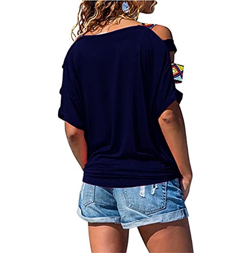 Janepam Women Tops Summer Short Sleeve Plain Solid Cold Shoulder Boho Ethnic Loose Fit Tee T-Shirt Plus Size(A-Navy,X-Large)