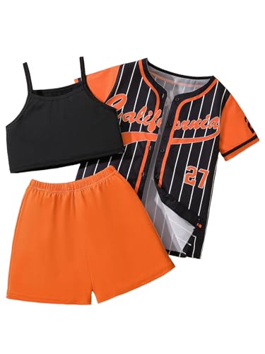 Image of Hilinker Girls Graphic 3 Piece Outfits Short Sleeve Striped Cardigan and Crop Cami with Shorts Set