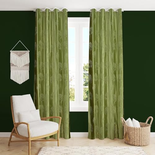 Image of Heavy Quality Punch Tree Curtains 9 Feet Long Set of 1 Pcs | Green Long Door Curtains for Living Room, Bedroom | Lightweight 9 Feet Long Drapes for Home Decoration