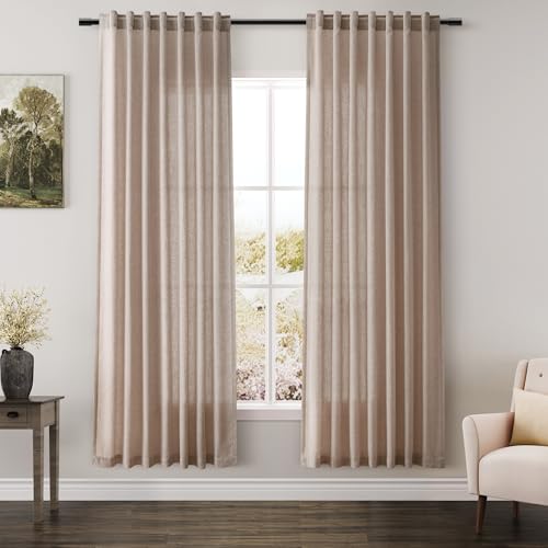 Image of Nanspring Oatmeal Semi Sheer Curtains 72 Inches Long 2 Panels Set for Bedroom Back Tab Rod Pocket Light Filtering Privacy Drapes Cotton Linen Textured Farmhouse Living Room Curtain 52X72 Inches