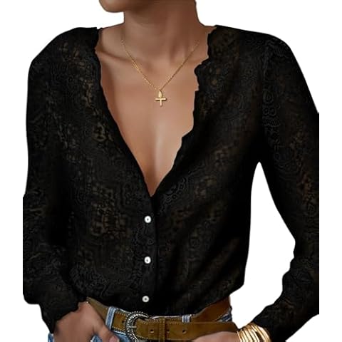 LUXVEER Lace Tops for Women Dressy Casual Blouses Puff Long Sleeve V Neck Button Down Business Work Shirts Black XXL Cover