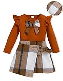 Winter Girl Clothes 4-5T Toddler Fashion Little Girls Outfits Fall Winter Gingham Ruffle Cute Bow Skirt Downtown Dress Cute Hat Overall Thanksgiving Outfits Brown Set