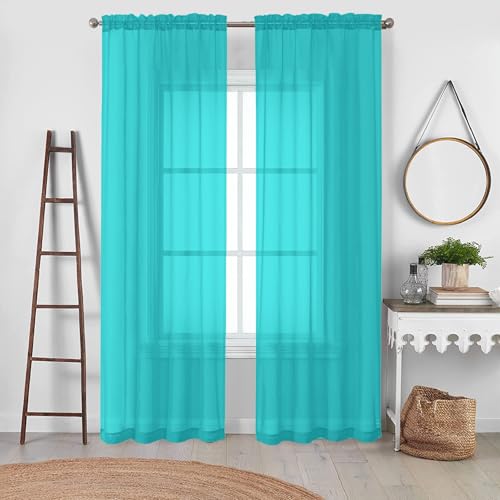 Image of OVZME Turquoise Sheer Curtains 78 Inches Long 2 Panels - Soft Light Filtering Window Sheer Panels for Living Room /Bedroom, Top Dual Rod Pocket, 1 Pair, Each 42Wx78L Inches