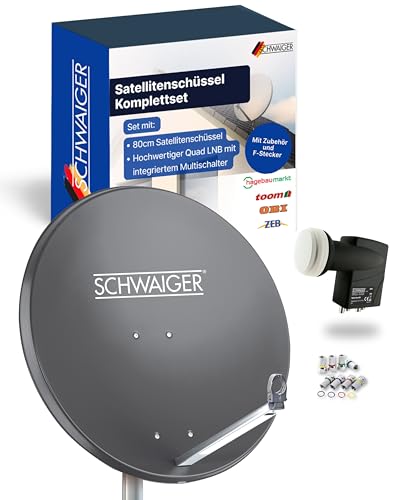 SCHWAIGER Satellitenschüssel Komplettset mit Quad LNB digital HD 4K Aluminium SAT Anlage 75cm Anthrazit Masthalterung F-Stecker Montagematerial Astra Hotbird Eutelsat Türksat Amos