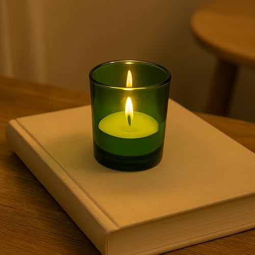 Image of Pure Source India Set of 12 Votive Glass Candle Holders with Tealight Candles | Decorative Diwali Lights for Home, Pooja & Festive Decor (Green)
